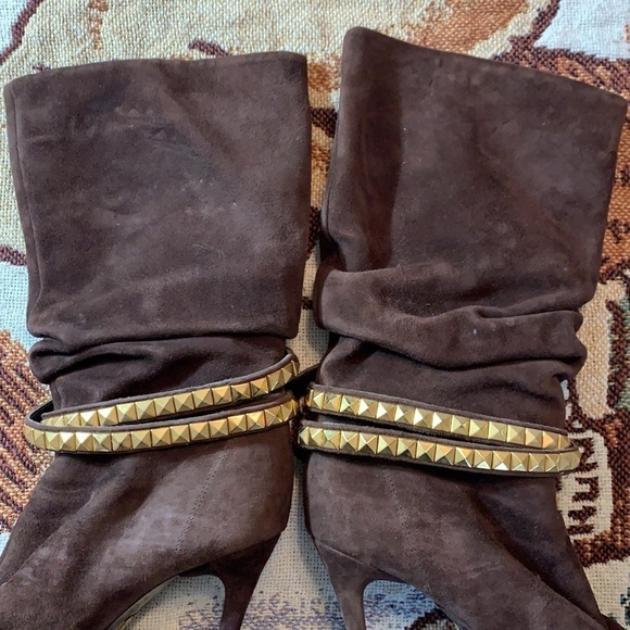 Vintage Iceberg Scrunchy Brown Suede Stiletto Boot gold stud wrap strap heel 8 - Picture 12 of 16
